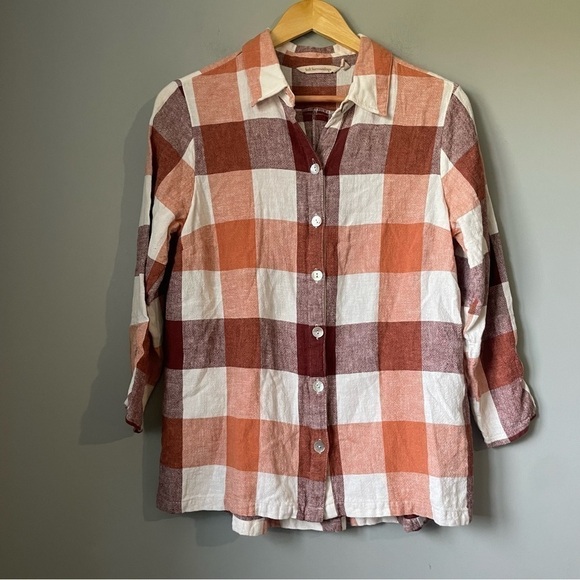 SOFT Surroundings Carreaux Plaid Mother of Pearl Shirt Button Up Linen BLEND LRG - Picture 2 of 9